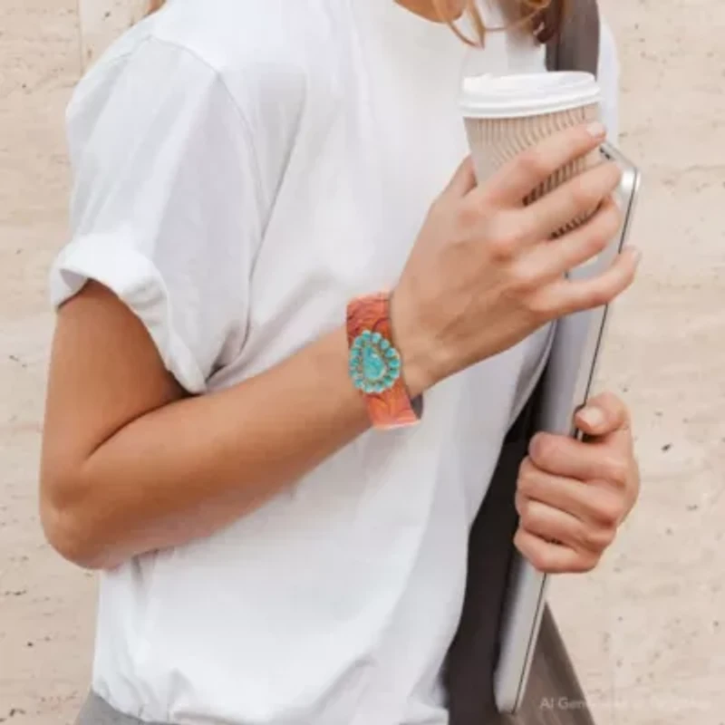 Blue Turquoise Leather Golden Cuff Bracelet