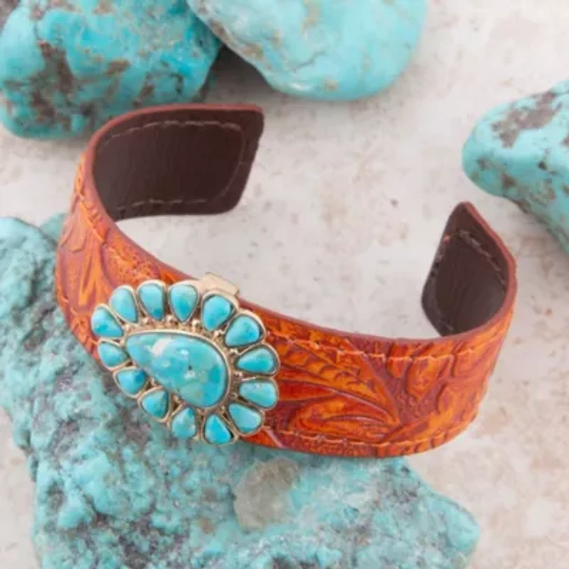 Blue Turquoise Leather Golden Cuff Bracelet