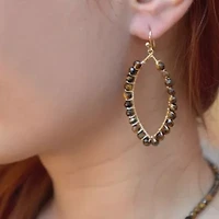 Brown Tiger's Eye Tear Drop Golden Loop Earrings