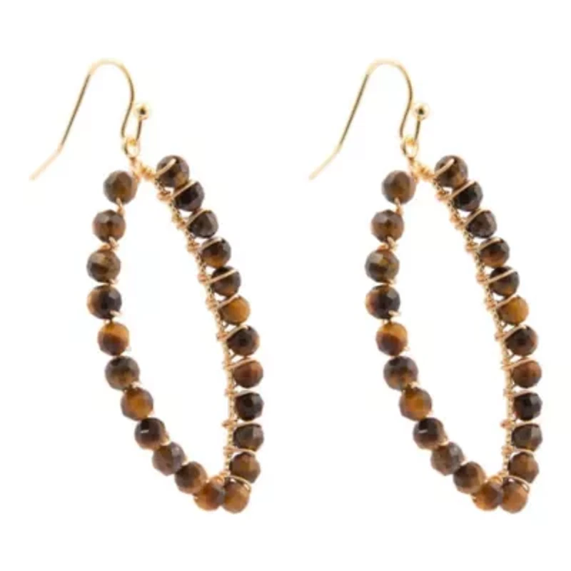 Brown Tiger's Eye Tear Drop Golden Loop Earrings
