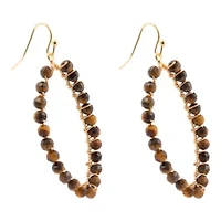 Brown Tiger's Eye Tear Drop Golden Loop Earrings