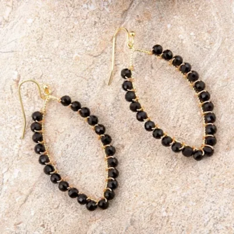 Black Onyx Tear Drop Golden Loop Earrings