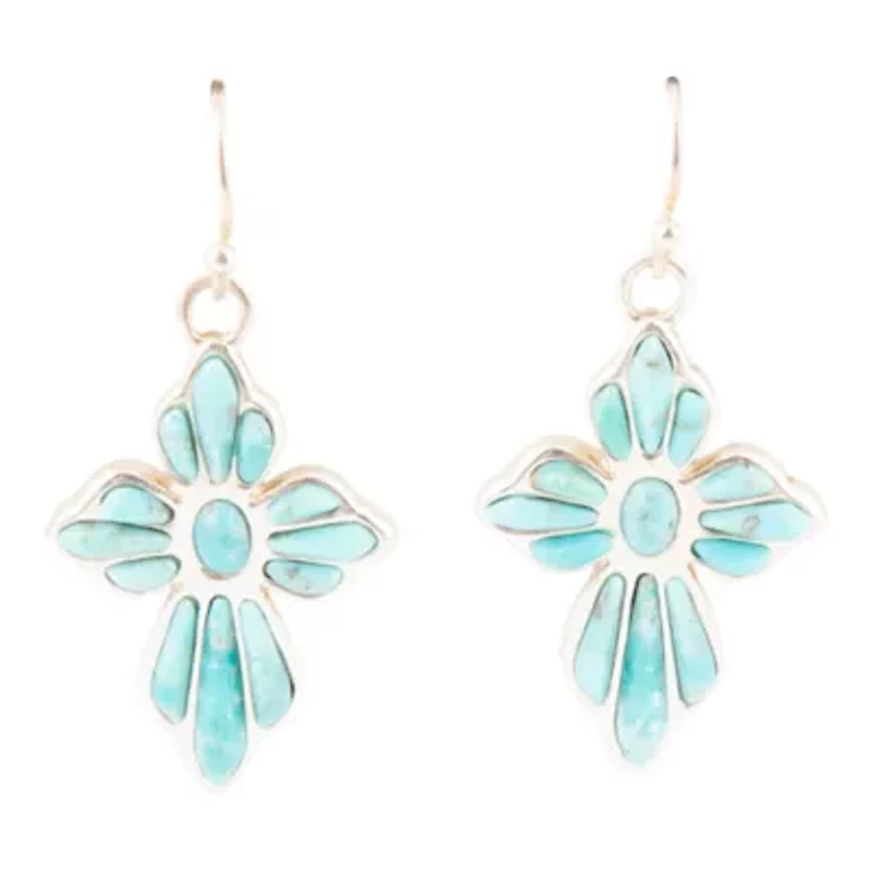 Blue Turquoise Cross Silver Drop Earrings