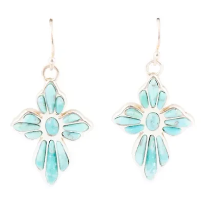 Blue Turquoise Cross Silver Drop Earrings