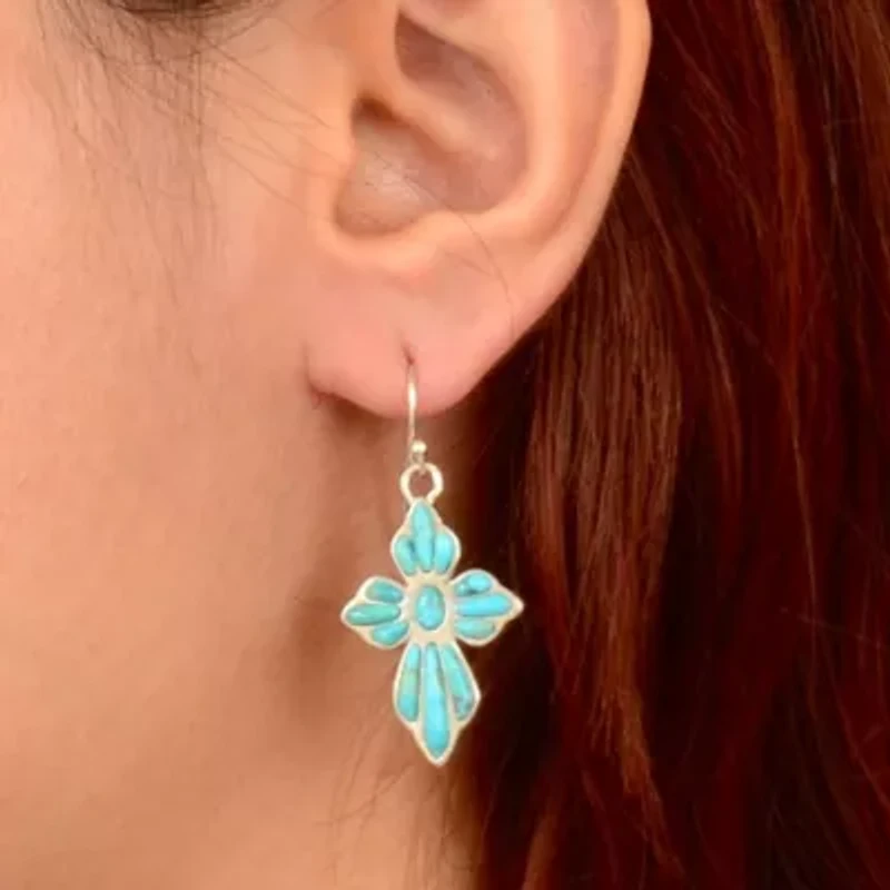 Blue Turquoise Cross Silver Drop Earrings