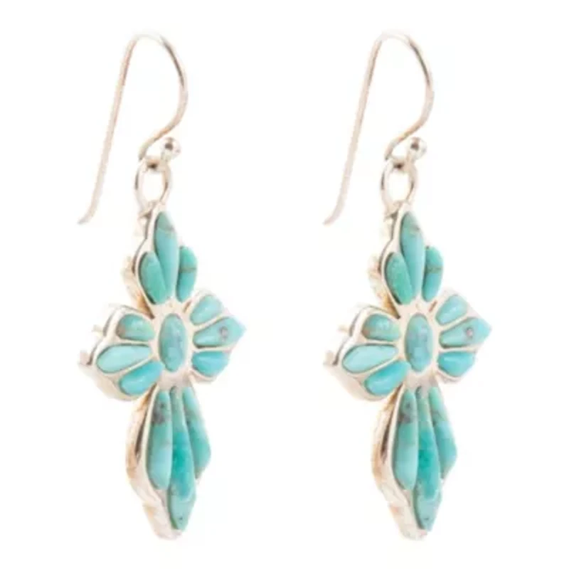 Blue Turquoise Cross Silver Drop Earrings