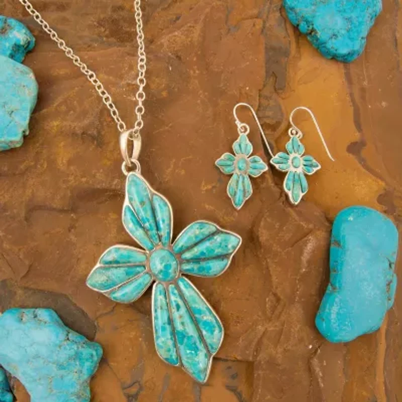 Blue Turquoise Cross Silver Drop Earrings