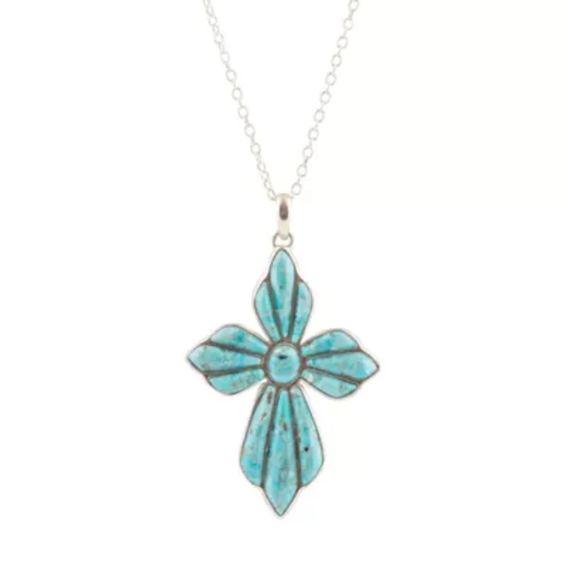 Blue Turquoise Cross Pendant Silver Necklace