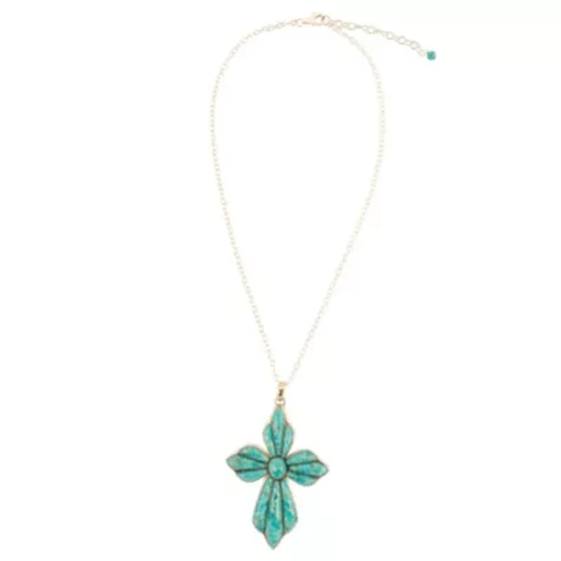 Blue Turquoise Cross Pendant Silver Necklace