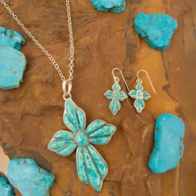 Blue Turquoise Cross Pendant Silver Necklace
