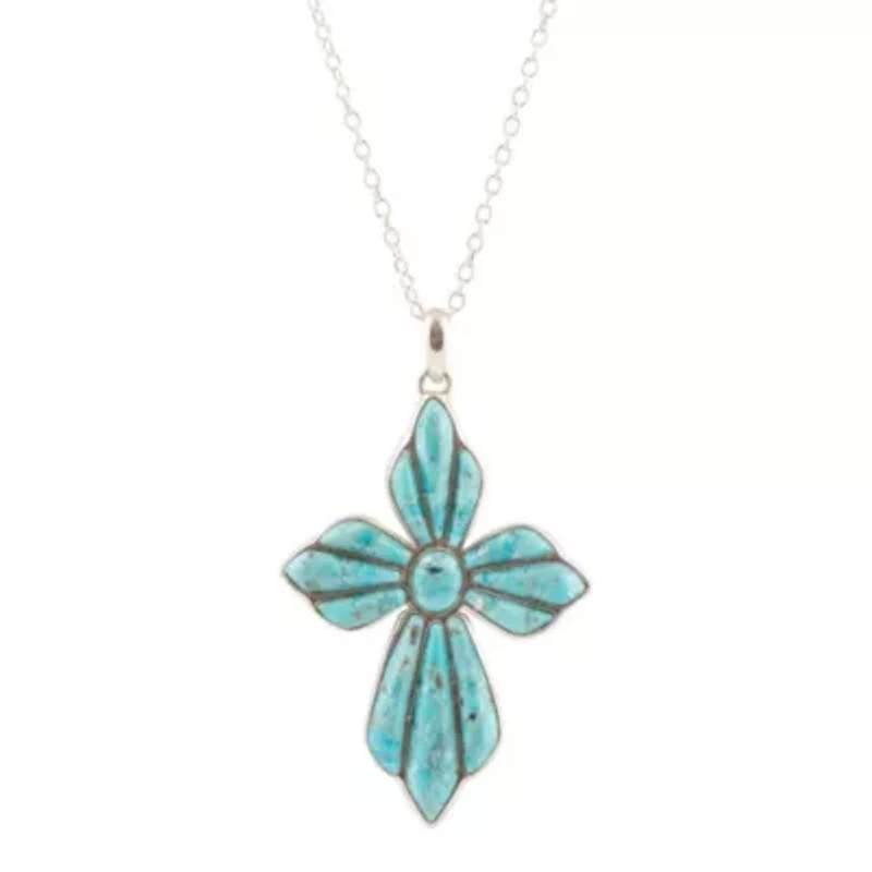 Blue Turquoise Cross Pendant Sterling Silver Necklace