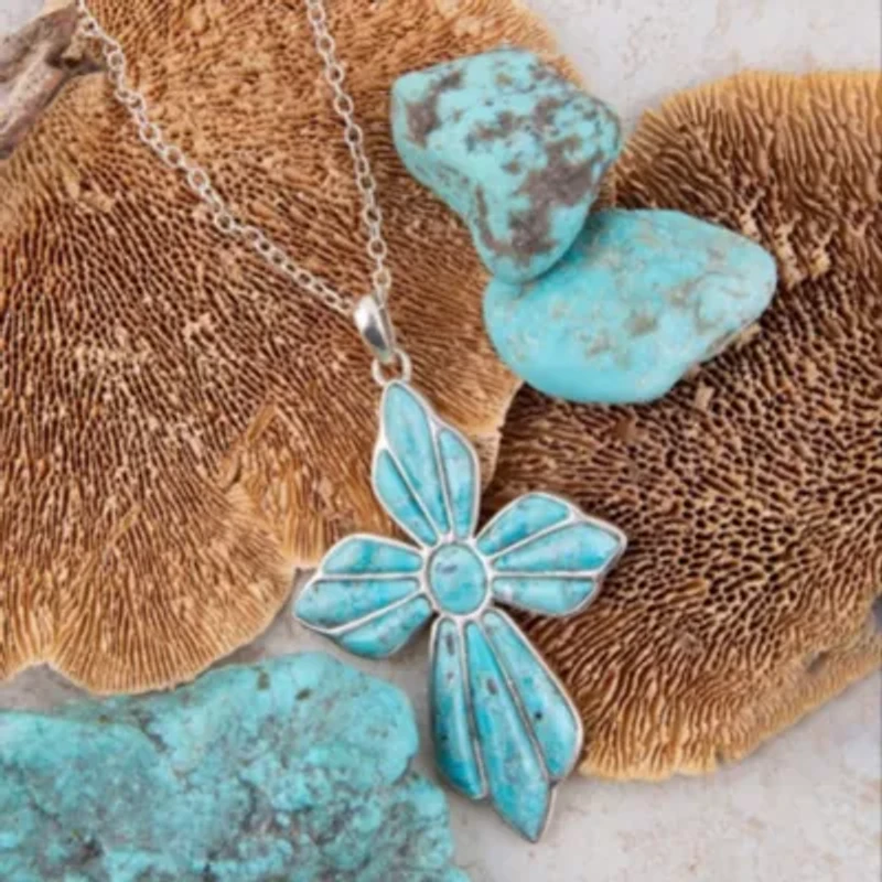 Blue Turquoise Cross Pendant Sterling Silver Necklace