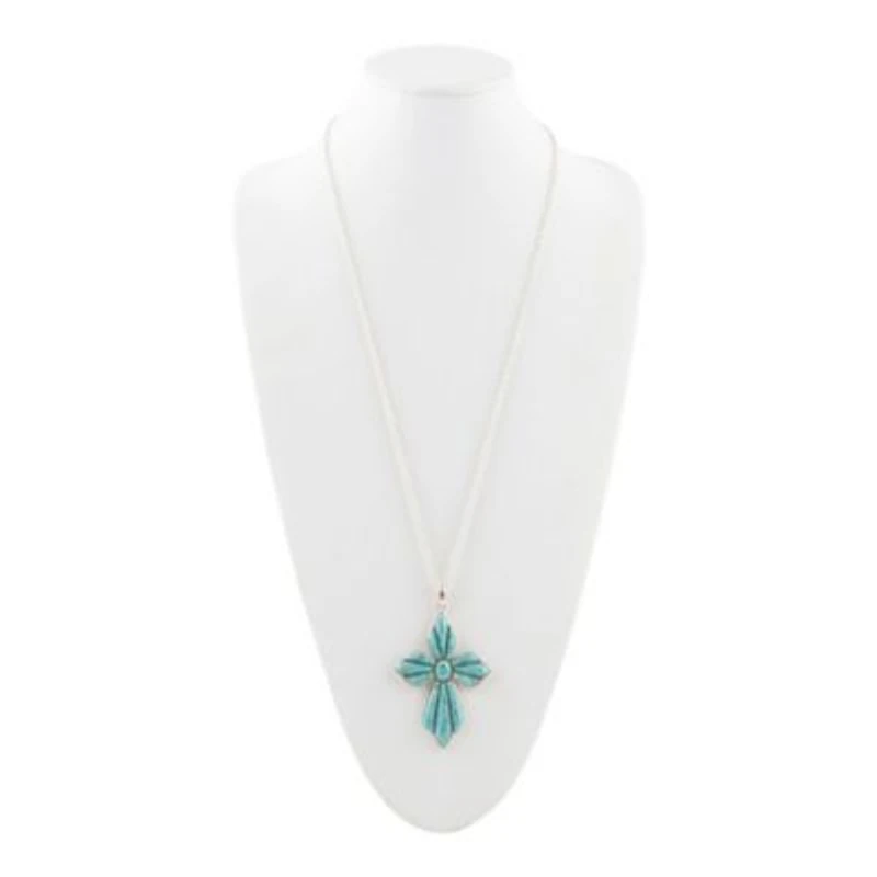 Blue Turquoise Cross Pendant Sterling Silver Necklace