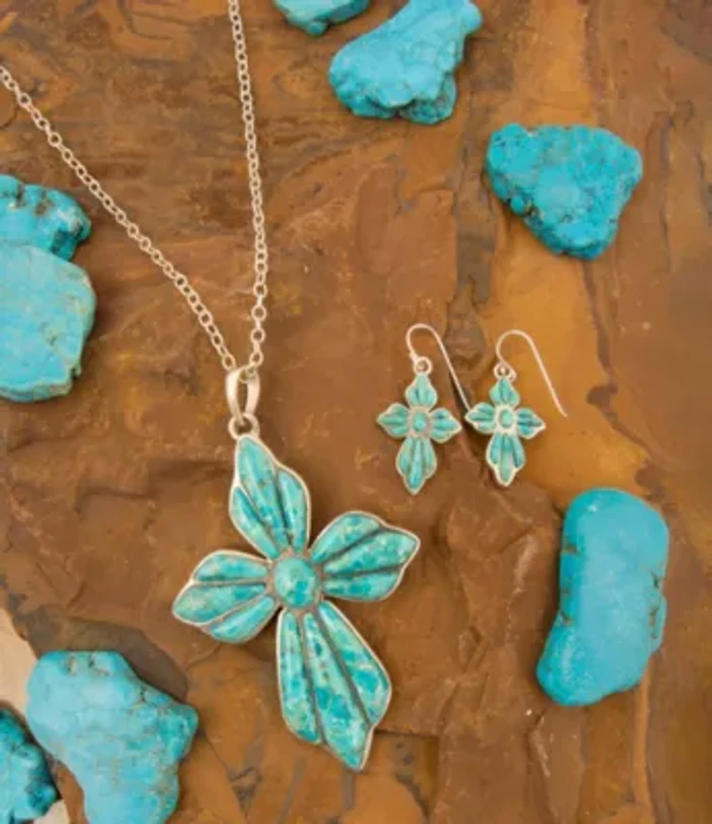 Blue Turquoise Cross Pendant Sterling Silver Necklace