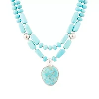 Double Stranded Blue Turquoise Silver Statement Pendant Necklace