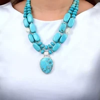 Double Stranded Blue Turquoise Silver Statement Pendant Necklace