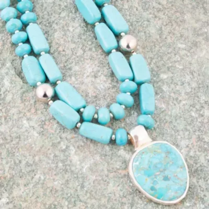 Double Stranded Blue Turquoise Silver Statement Pendant Necklace
