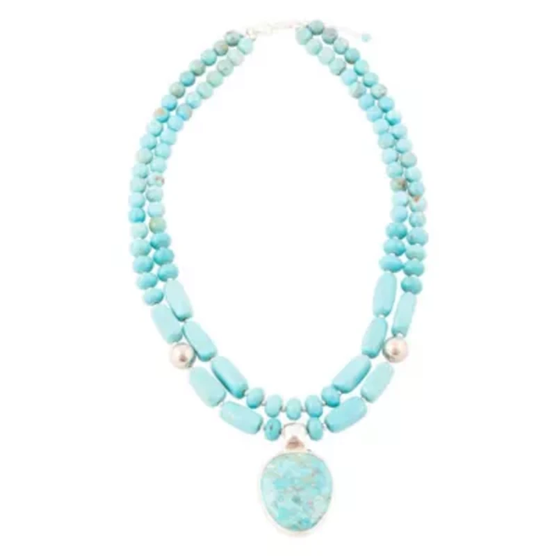 Double Stranded Blue Turquoise Silver Statement Pendant Necklace
