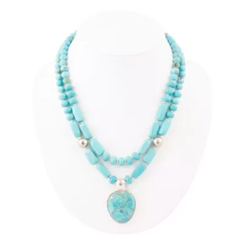 Double Stranded Blue Turquoise Silver Statement Pendant Necklace