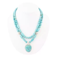 Double Stranded Blue Turquoise Silver Statement Pendant Necklace