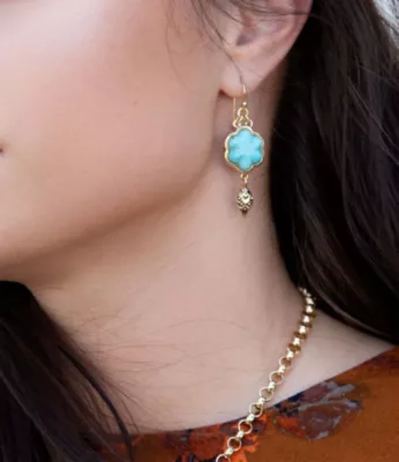 Barse Jewelry Blue Turquoise Flower Golden Drop Earrings