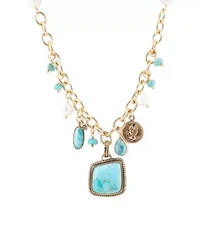 Blue Turquoise and White Pearl Multi Pendant Golden Necklace