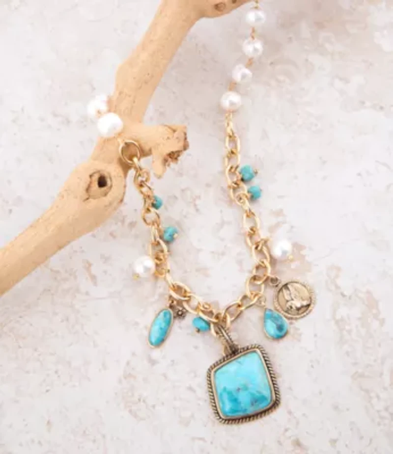 Blue Turquoise and White Pearl Multi Pendant Golden Necklace