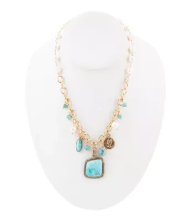 Blue Turquoise and White Pearl Multi Pendant Golden Necklace