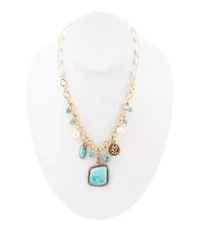 Blue Turquoise and White Pearl Multi Pendant Golden Necklace