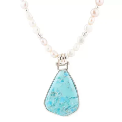 Blue Turquoise Pendant and White Pearl Silver Necklace