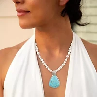 Blue Turquoise Pendant and White Pearl Silver Necklace