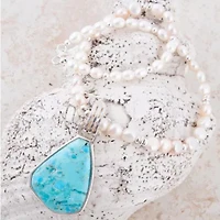 Blue Turquoise Pendant and White Pearl Silver Necklace