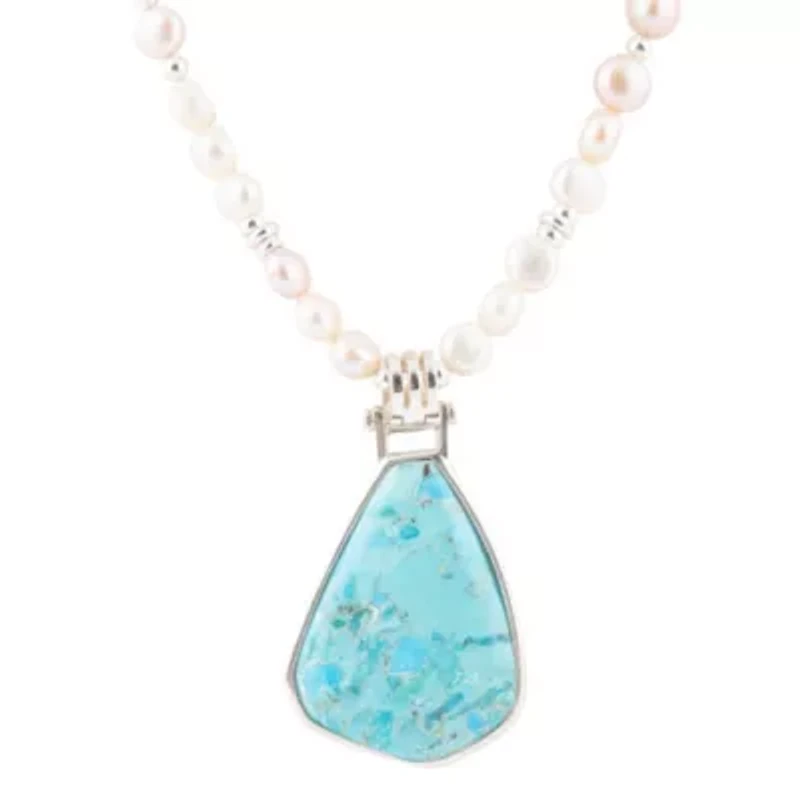 Blue Turquoise Pendant and White Pearl Silver Necklace