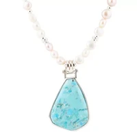 Blue Turquoise Pendant and White Pearl Silver Necklace