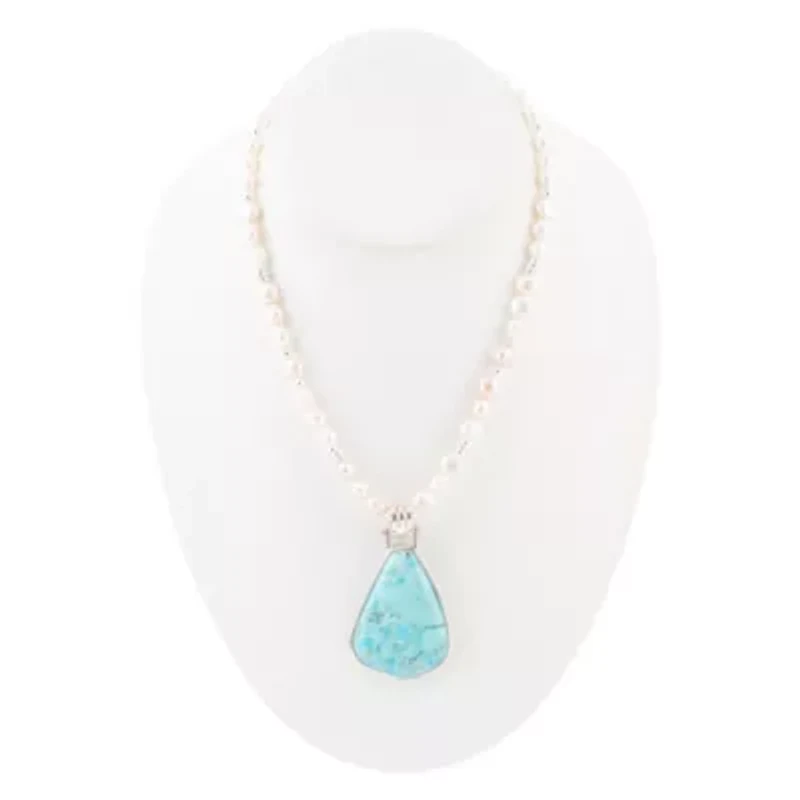 Blue Turquoise Pendant and White Pearl Silver Necklace