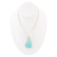 Blue Turquoise Pendant and White Pearl Silver Necklace