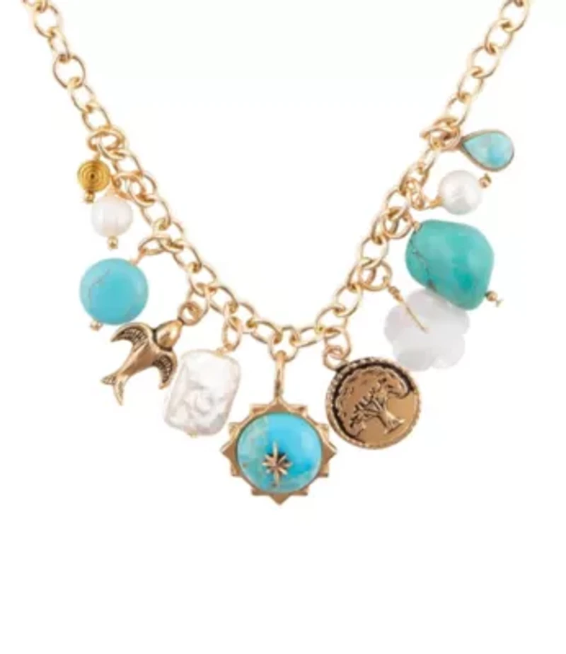 Blue Turquoise and White Pearl Multi Charm Golden Necklace