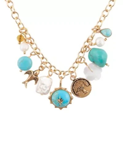 Blue Turquoise and White Pearl Multi Charm Golden Necklace