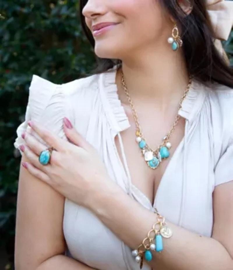 Blue Turquoise and White Pearl Multi Charm Golden Necklace