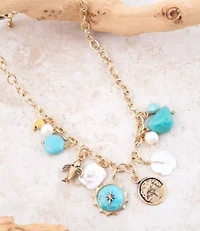 Blue Turquoise and White Pearl Multi Charm Golden Necklace