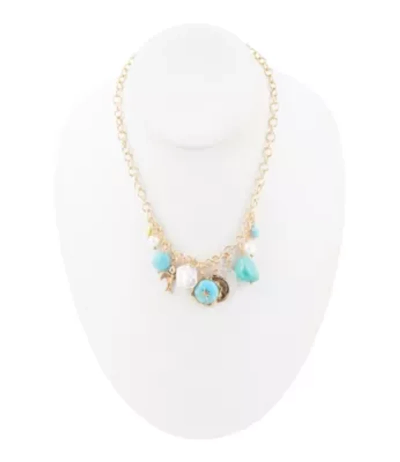 Blue Turquoise and White Pearl Multi Charm Golden Necklace