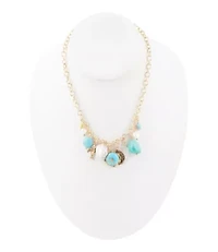 Blue Turquoise and White Pearl Multi Charm Golden Necklace