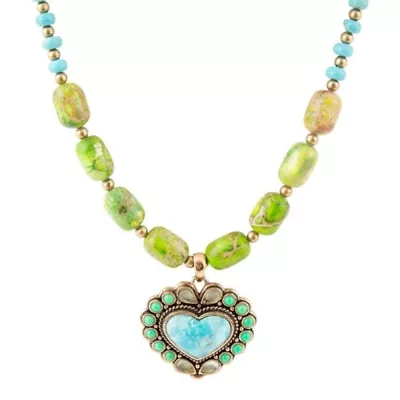 Legacy Heart Lime Green and Blue Turquoise Golden Pendant Necklace