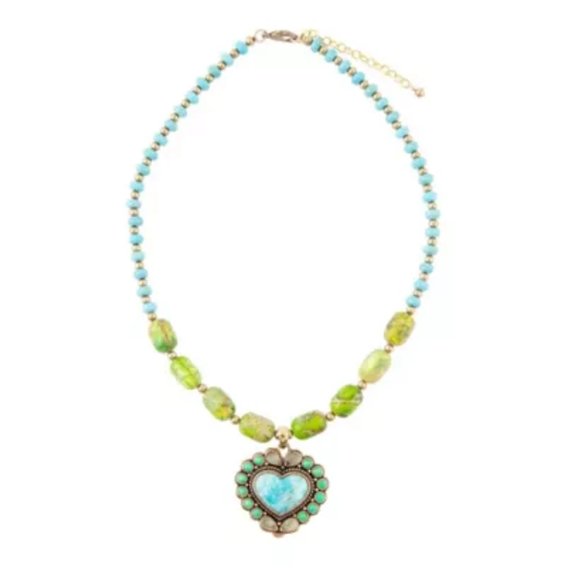 Legacy Heart Lime Green and Blue Turquoise Golden Pendant Necklace