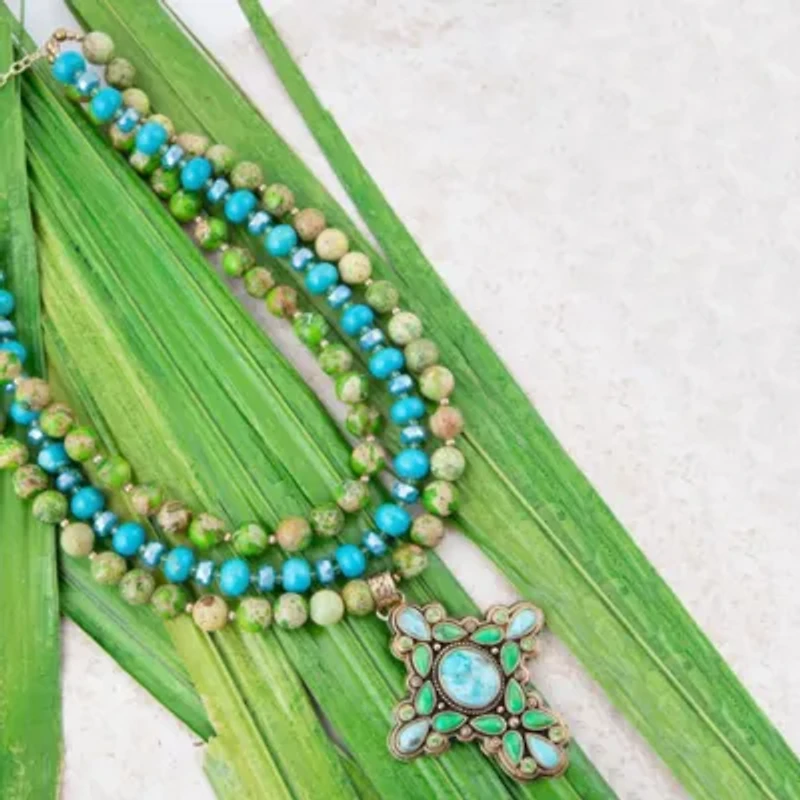 Legacy Lime Green and Blue Turquoise Golden Cross Pendant Statement Necklace