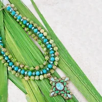 Legacy Lime Green and Blue Turquoise Golden Cross Pendant Statement Necklace