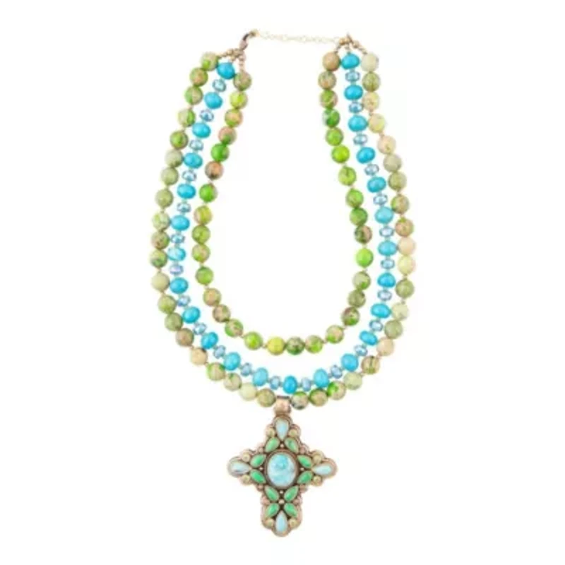 Legacy Lime Green and Blue Turquoise Golden Cross Pendant Statement Necklace