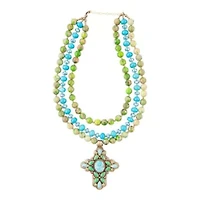 Legacy Lime Green and Blue Turquoise Golden Cross Pendant Statement Necklace