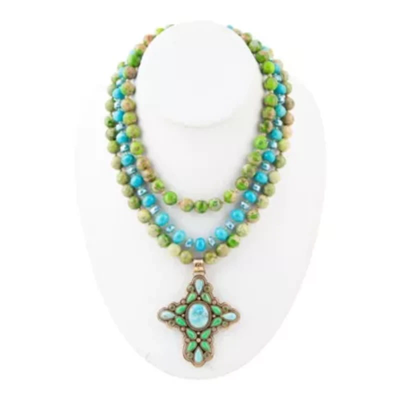 Legacy Lime Green and Blue Turquoise Golden Cross Pendant Statement Necklace
