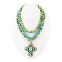 Legacy Lime Green and Blue Turquoise Golden Cross Pendant Statement Necklace